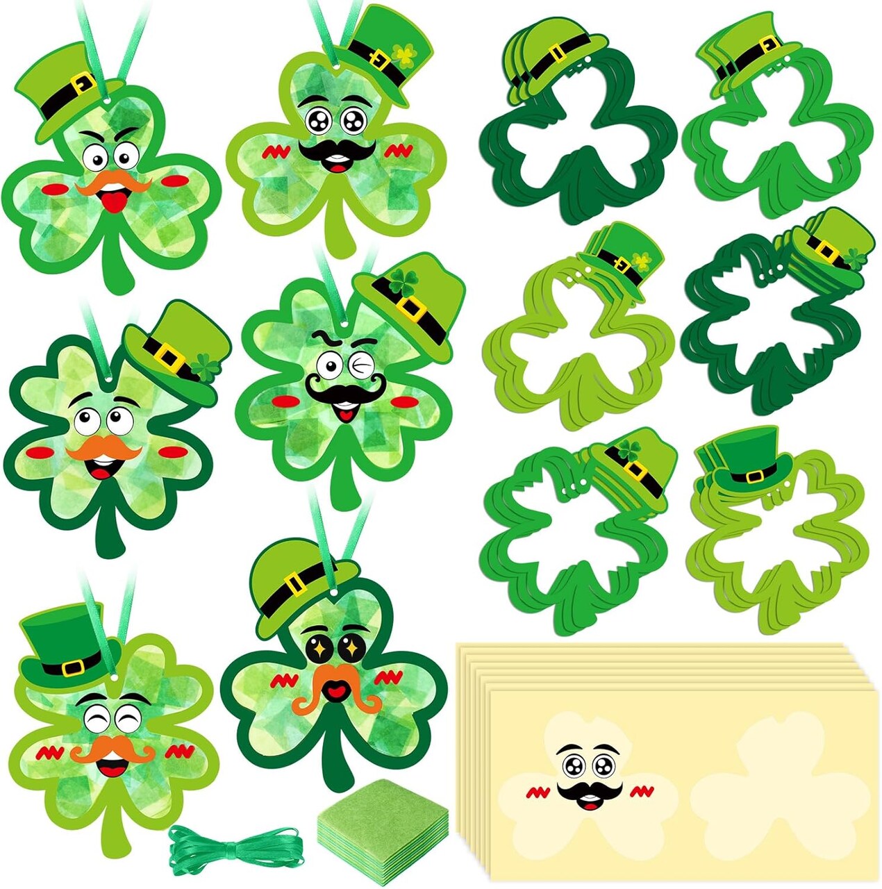 24 Pcs St. Patrick's Day Craft Kit Lucky Shamrock Suncatcher Craft Irish Day Window DIY Tissue Paper Suncatcher Decoration Ornament for Classroom St Patricks Party Favor Supplies